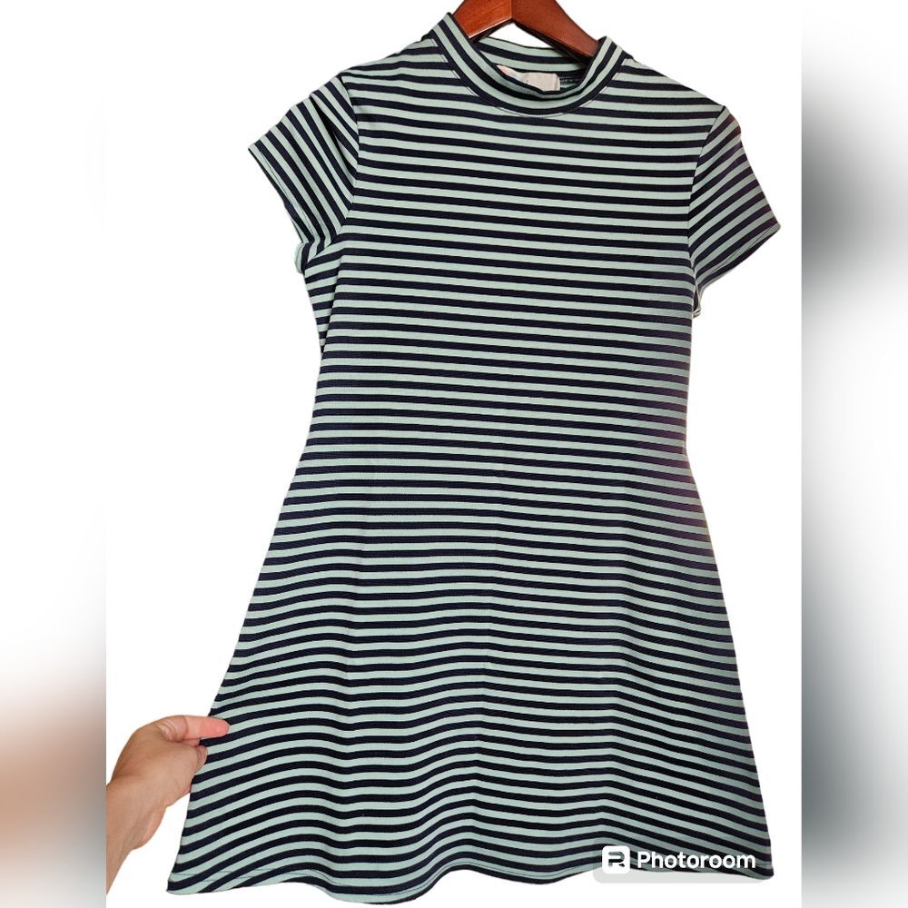 Free People FP Beach Blue Striped Mock Neck Dress S Small Spring Retro Mod 60s